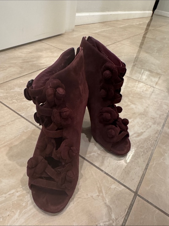 CHANEL Shoes - CHANEL Burgundy Suede Floral Peep-Toe Block Heels